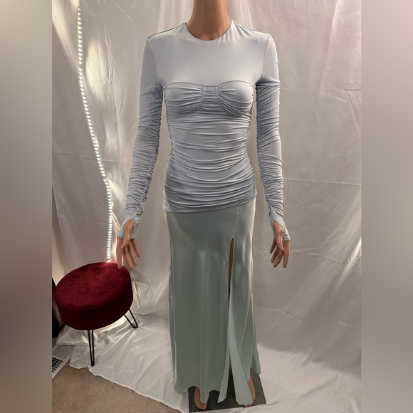 NWT SIR. Alessia Draped Gown in Ice Blue new FWRD long sleeve silk ruched maxi - Picture 5 of 11
